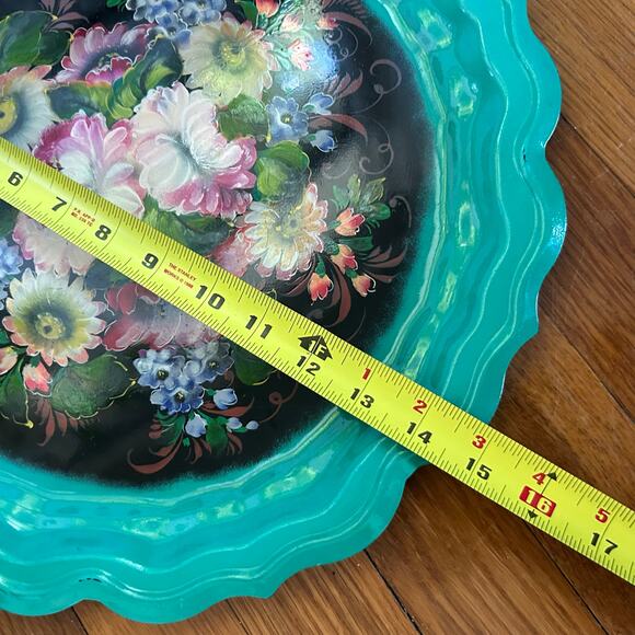 Vintage Zhostovo Russian Tole Tray with Bright Floral & Green Rim 15” - Picture 13 of 15